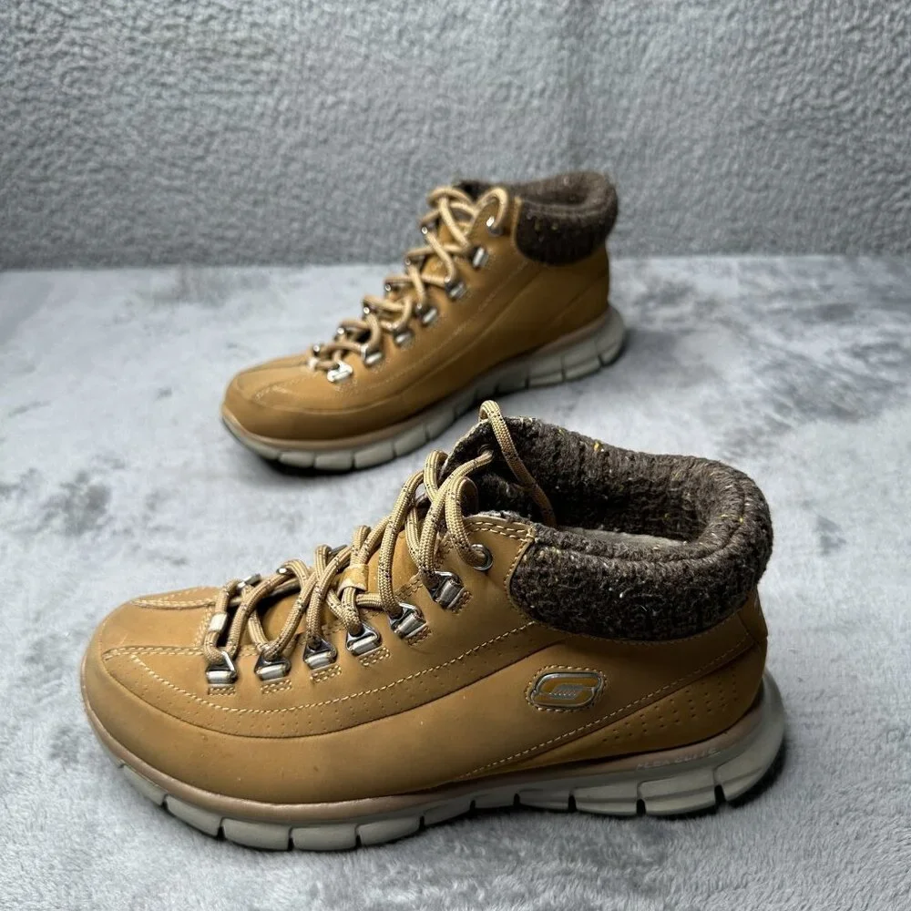 Skechers Relaxed Fit Leather Ankle Boots‎ Women 7 Cognac Tan Outdoor Hiking